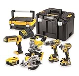 Dewalt 18 Volt Kombo-Pack DCK551P3T (mit 1x Schlagbohrschrauber DCD796, 1x Schlagschrauber DCF887, 1x Kreissäge DCS391, 1x Stichsäge DCS331, 1x Leuchte DCL050, 3x 18 V 5 Ah Akkus, Ladegerät, 2x Boxen)