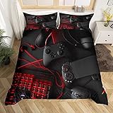 Loussiesd Schwarz Gamepad Bettwäsche 155x220cm Jungen Teenager Spiel Thema Bettbezug Set Modern Game Controller Bettwäsche Schwarz Rot Gamer Dekorativ Betten Set Polyester für Kinder Männer