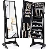 COSTWAY Schmuckschrank mit Ganzkörperspiegel, freistehender Schmuckständer, mit 108 Ohrringfächern, 18 Halskettenhaken, 98 Ringfächern, 5 Make-Up-Fächern, 2-in-1-Schmuckkommode (Schwarz)