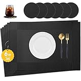 wiipara 6er Set Platzset Abwaschbar PVC Tischsets rutschfest Platzdeckchen Abgrifffeste Hitzbestängdig Platz-Matten für Küche, Speisetisch, Tischset x 6, Untersetzer x 6 (Schwarz)