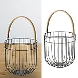 Cepewa Metallkorb mit Holzhenkel | Eisen 21x21x21cm schwarz Natur | Korb Aufbewahrungskorb Drahtkorb