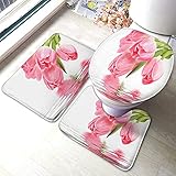 Set 3 Teilig Badvorleger Tulip Water Effect Frische Schöne Blume Badezimmer Matte Langlebige Wasserabsorbierend Küchentürteppich, Für Badewanne, Wc-Sitz Bezug