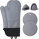 Ofenhandschuh Topflappen Silikon Set: Topfhandschuhe Hitzebeständig Backofen Ofen Handschuh Extra Lange Anti-Rutsch Backhandschuhe Küche Kochhandschuhe für Kochen Backen Grillen Männer Frauen