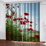 Vorhänge Blickdicht Mit Ösen - 2 Stücke Thermogardine Schlafzimmer Wohnzimmer Kinderzimmer 3D Rote Mohnblume Druck Modern Vorhang Wärmeisolierend Schallschutz 220X214cm (BxH)