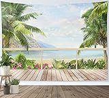 LB Wandteppich Tropischer Strand Wandtuch Grüne Palme und Berg am Meer Wandbehang Sommerliche Naturlandschaft an der Küste Tapisserie für Wohnzimmer Schlafzimmer Wohnheim Wanddeko,200x150cm