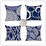 OUAPPA 4 Stück wasserdichte Kissenbezug 65x65cm Dekorative Outdoor Kissenbezüge Wasserfest Blaues Mandala Leinen Kissenhülle, Dekokissen Kissenbezugen für Schlafzimmer Sofa Garten -F5