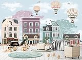 Kinder Fototapete Häuser Luftballons Stadt Illustration Kinderzimmer Wandbild Art Decor B 366 cm x H 254 cm Wanddekoration Riesen Papier Poster