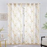 FMFUNCTEX Voile Gardinen mit Ösen Goldfolie Weiß Baumzweigen Bedruckt Transparente Gardinen Lichtdurchlässig Ösenschal Vorhänge Luxuriös Modern für Wohnzimmer Schlafzimmer(Gold auf Weiß,127×175cm)
