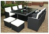 Ragnarök-Möbeldesign PolyRattan Essgruppe - DEUTSCHE Marke - EIGNENE Produktion - 8 Jahre GARANTIE - 6 Stuhl 4 Hocker Garten Möbel Glas Polster schwarz Gartenmöbel Dinning Aluminium Rostfrei