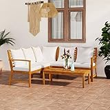 Hommdiy Gartensofa aus Holz, Gartenlounge, Sitzgarnitur, Holzsofa mit Holztisch, Ecksofa, Gartentisch und Stühle mit Auflagen, für Balkone, Terrassen Massivholz Akazie 4-teiliges Set weißen Kissen