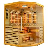 Elbe Infrarotkabine für 3-5 Person aus Hemlockholz, 8 Vollspektrumstrahler, 1 Carbonstrahler, Saunakabine mit Farblichtherapie, Ionisator und Audio System, 150x150x190 cm