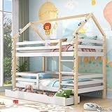 BTM Hochbett 90x200cm für 2 Kinder, Etagenbett mit Leiter & Rausfallschutz & Schubladen & Lattenrost, Kiefernholz Kinderbett Jugendbett, Doppelbett Hausbett, Holzfarbe