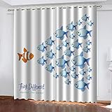 Fenstergardinen Blickdicht Modern Wohnzimmer Kinderzimmer Mädchen Jungen Mädchen Küche 2Er Set 170X200Cm Kreativer Cartoon-Fisch Vorhänge Schlafzimmer Mit Ösen Verdunkelungsvorhang Thermovorhang