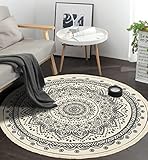 Yomshi Mandala Teppich Rund 120cm Creme Baumwollteppich mit Quasten Bohemian Marokko Modern Teppich Waschbar Vintage Teppich für Schlafzimmer Wohnzimmer Küche Indoor Outdoor