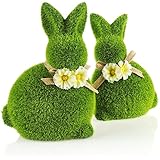 com-four® 2X Dekofigur Osterhase mit Schleife - grüne Hasenfigur aus Keramik - mit Hasenfell aus moosähnlichem Kunstrasen - Osterdeko [Auswahl variiert] (2 x Hase-20 cm)