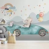 Fototapete Nordic Ins Cartoon Hand gezeichneter Elefant, der Sportwagen l De Moderne Tapete Wandbilder Wohnzimmer Schlafzimmer Wand Dekoration 3D Wandtapete Tapeten 150x105cm Yuekuomao3665