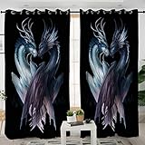 QGWMCD Blickdichte Gardinen VerdunkelungsvorhangSchwarzblauer Grauer geflügelter Drache 100% Polyester Geeignet Für Wohnzimmer Schlafzimmer Badezimmer Wärmeisolierter Vorhang Mit Ösen 140x250cm x2