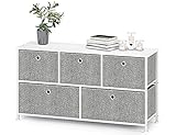 Kommode mit 5 Schubladen aus Stoff Sideboard Metall Schubladenschrank TV Schränke Organizer Kleideraufbewahrung Beistelltisch für Flur Schlafzimmer Küche Wohnzimmer Büro Stahl Holz Weiß & Grau