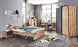 lifestyle4living Jugendzimmer Komplett-Set in Plankeneiche-Dekor und Graphit, 3-teilig für Mädchen und Jungen mit Kleiderschrank, Bett und Schreibtisch, Idustrial-Look