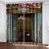 Outdoor Vorhang Wetterfest Mit Ösen Schlaufen 2Er Set Retro Alte Holztür 117X137Cm Verdunkelungsvorhang Blickdicht Vorhänge Kinderzimmer Junge Mädchen Fenstergardinen Wohnzimmer Schlafzimmer