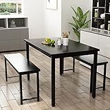 HOOSENG Esstisch Set, Retro Küchentisch mit 2 Bänke für bis 4 Menschen Esszimmertisch aus Hochwertigem MDF (Schwarz), Esstisch:110 * 60 * 72cm ; Bank: 98 * 30 * 45cm, Dining Room Table Set