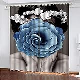 SPADEACES Verdunklungsvorhänge Mit Ösen - 2Er Set 3D Blaue Blumenfrau Muster Gardinen Wohnzimmer Schlafzimmer Ösenvorhang Blickdicht Verdunklungsgardine Für Weihnachten 200X166Cm (BxH)