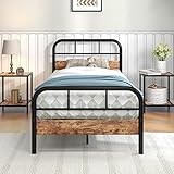 WEALTHGIRL Metallbett Bettrahmen, mit Holz Kopfteil und Lattenrost (90 x 200 cm)