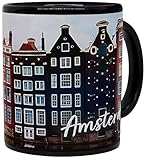 vanVerden Schwarze Tasse - Hauptstadt Amsterdam Skyline Aquarell Niederlande - Architektur - durchgängig Bedruckt Städtetasse - Geschenk Idee Kaffeetasse, Farbe:Schwarz