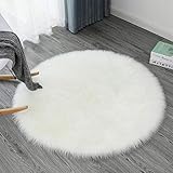 Ommda Teppiche Kunstfell für Wohnzimmer Teppich Fellimitat Rund für Schlafzimmer Wollteppich Shaggy Langflor Abwaschbar für Kinderzimmer,Weiß,100cm