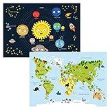 kizibi® Weltkarte und Planeten Poster Set A2 für Kinderzimmer, Lernposter für Mädchen und Jungen, Orbit Kontinente | für Kindergarten, Vorschule oder Grundschule