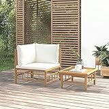 JUNZAI 2-TLG. Garten-Lounge-Set mit Cremeweißen Kissen, Gartenmöbel Set, Möbelsets, Loungemöbel, Balkonmöbel, Balkon Möbel Set, Möbelset, Balkonset, Terrassen Möbel, Bambus