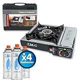 Z.M.C Gaskocher 1-flammig + Aufbewahrungskoffer + 4X Gaskartuschen 227g, Campingkocher für Outdoor und Innenraum, Campinggaskocher 2,2 kW mit Piezozündung