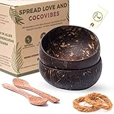 cocovibes Kokosnuss Schale CLASSIC/Müslischalen im 2er Set mit Holzlöffel und Untersetzer/Smoothie Bowls/vegane plastikfreie Schüsseln/Base Set