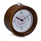 Navaris Analog Holz Wecker mit Snooze - Retro Uhr Rund mit Design Ziffernblatt Alarm Licht - Leise Tischuhr Ohne Ticken - Naturholz in Dunkelbraun