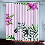GSKOQD Verdunkelungsvorhänge 3D Rosafarbenes Blumentierzebra Druck Muster Ösen Vorhang 2Er Set 280X260Cm (B X H) Vorhänge Blickdicht Gardinen Wohnzimmer Kinderzimmer Thermo Vorhänge Fensterdekorati