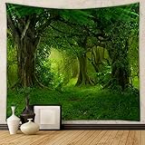 Wandteppich Natur 130x150 cm Wandtuch Wald Blumen Grün Wald Bäume Fluss Bach Landschaft Muster Tapestry Wall Decoration Hanging Wohnzimmer Schlafzimmer Schlafsaal Webcast Hintergrundwand Wanddeko