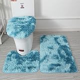 Lifup Badteppich Set 3 Teiliges, rutschfeste Shaggy Badematte, Flauschig Contour Badteppich, Langflor Toilettensitzbezug Tie Dye Blau 2