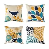 OYIMUA Deko Kissenbezug 50x50 4er Set Bunt Blumen Vogel, Kissenbezüge Leinen für Gartenlounge Sofa Dekokissen Wohnzimmer Schlafzimmer, Modern Kissenhülle Garten Outdoor Kissen Sofakissen Couchkissen