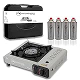 HikeMeister ® Campingkocher Gaskocher Outdoor Grillplatte Gasflaschen Camping Tragekoffer (Grau + 4 Gaskartuschen)