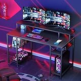 Bestier Gaming-Schreibtisch mit Monitorablage, 140 cm großer Home-Office-Schreibtisch mit offenen Ablagen, Schreib-Gaming-Studientisch-Workstation für kleine Räume, Kohlefaser