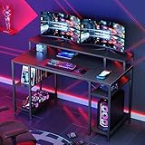 Bestier Gaming-Schreibtisch mit Monitorablage, 140 cm großer Home-Office-Schreibtisch mit offenen Ablagen, Schreib-Gaming-Studientisch-Workstation für kleine Räume, Kohlefaser