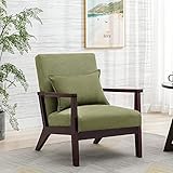 Sessel Wohnzimmer Massivholz Sessel Retro Vintage Lesestuhl gepolsterter Akzentstuhl mit Armlehne Lendenkissen mittelalterlicher Holzsessel Leinenimitat Eiche Natur für Schlafzimmer Balkon Dunkelgrün