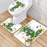 Rutschfeste Badematten-Set, Buchstabe T, Natur inspirierte Design mit Blumen und Tieren grünes Laub Sommer Vibes dekor,Weiche Mikrofaser, WC-Vorleger, WC-Sockelmatte, maschinenwaschbar, 3-teiliges Set