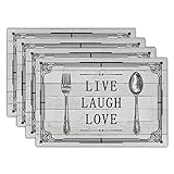 Giwawa Live Laugh Love Tischsets, 4er-Set, Messer, Gabel, Löffel, Vintage-Stil, dekoratives Leinen-Tischset, waschbar, hitzebeständig, rutschfest, für Esszimmer, Küche, Party, Urlaub, 30,5 x 45,7 cm