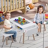 DAWNSPACES Kindersitzgruppe, Kindertisch mit 2 Stühlen, kindersitzgruppe Holz mit Stauraum für Kinder ab 2 Jahren, 3-teiliges Set Kindermöbel für Malen Lesen Essen Spielen, Weiß