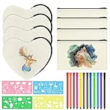 Stoffbeutel zum Bemalen, DIY Blanko Federmäppchen, Stofftasche zum Bemalen, 8 Stück Mäppchen zum Bemalen,mit 12 Farbigen Stiften und 4 Zeichenvorlagen,für Make up Taschen, Aufbewahrung Schreibwaren