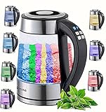 Glas Wasserkocher 1,7 Liter | 2200 Watt | Edelstahl mit Temperaturwahl | Teekocher | 100% BPA FREI | Warmhaltefunktion | LED Beleuchtung im Farbwechsel | Temperatureinstellung (40°C-100°C)
