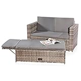 Melko Gartenset Poly Rattan Lounge Möbel Sitzgruppe mehrteilige Sofa-Garnitur aus Holz in Grau mit klappbarer Fußbank & Stauraum, Tisch inklusive Kissen - Geeignet als Balkonmöbel Set, Terrassenmöbel Lounge & Gartenmöbel Set