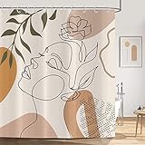 ASDCXZ Duschvorhang Beige 180x180 cm Boho Style, Modern Abstrakt Kunst Mädchen Gesicht Blume Grün Blätter Waschbar Duschvorhänge Polyester Textil Wasserdicht Duschvorhang für Badewanne mit 12 Haken