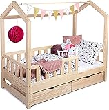 Kinderbett Bett Hausbett 120x200 mit Rausfallschutz Latternost und Schubladen Bettgestell aus Kiefer Holz für Haus Kinder Jungen & Mädchen - Holzbett Baby Kinderzimmer Junge Deko